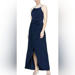 SLNY NEW Navy Rhinestone Embellished Halter Neck Maxi Gown Dress Size 6P
